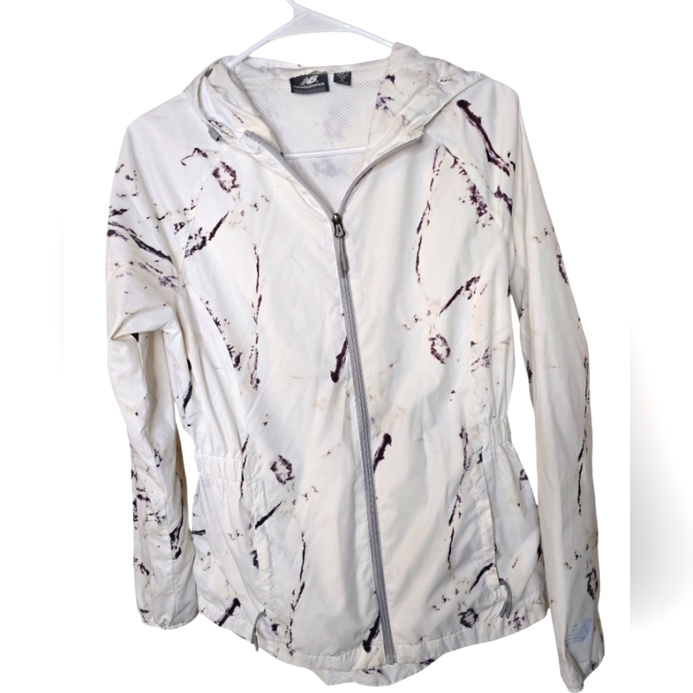 New Balance White And Black Marbled Waist Cinched Windbreaker With Hood Size S